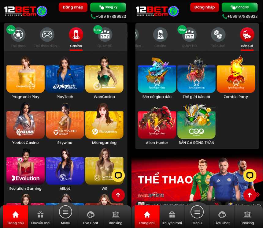Casino và Bắn cá tại 12bet